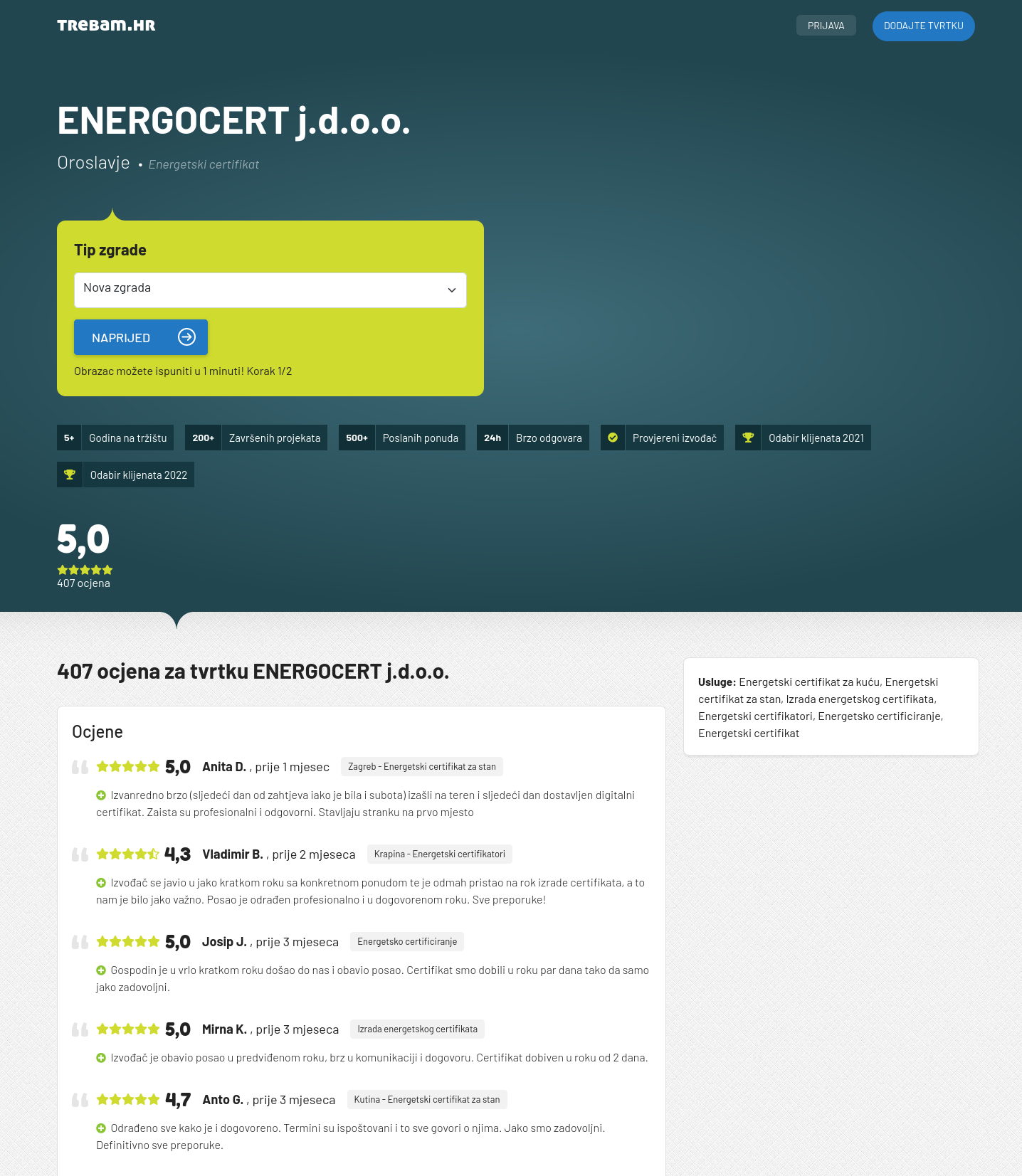 Primjer javno dostupne prezentacijske stranice izvođača usluga na Trebam.hr s ocjenama i recenzijama.
