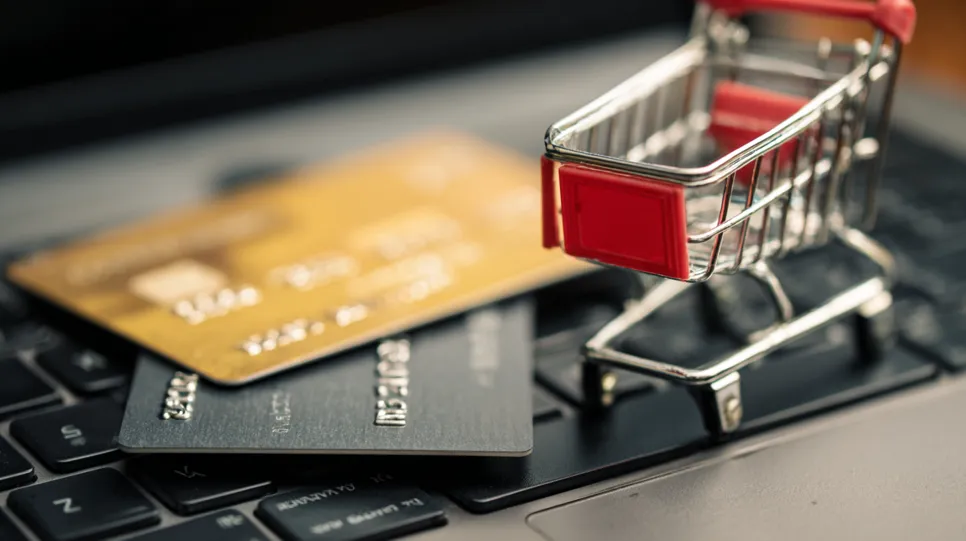 Minijaturna kupovna kolica i platne kartice na tipkovnici prijenosnog računala, što prikazuje online kupovinu i plaćanje.