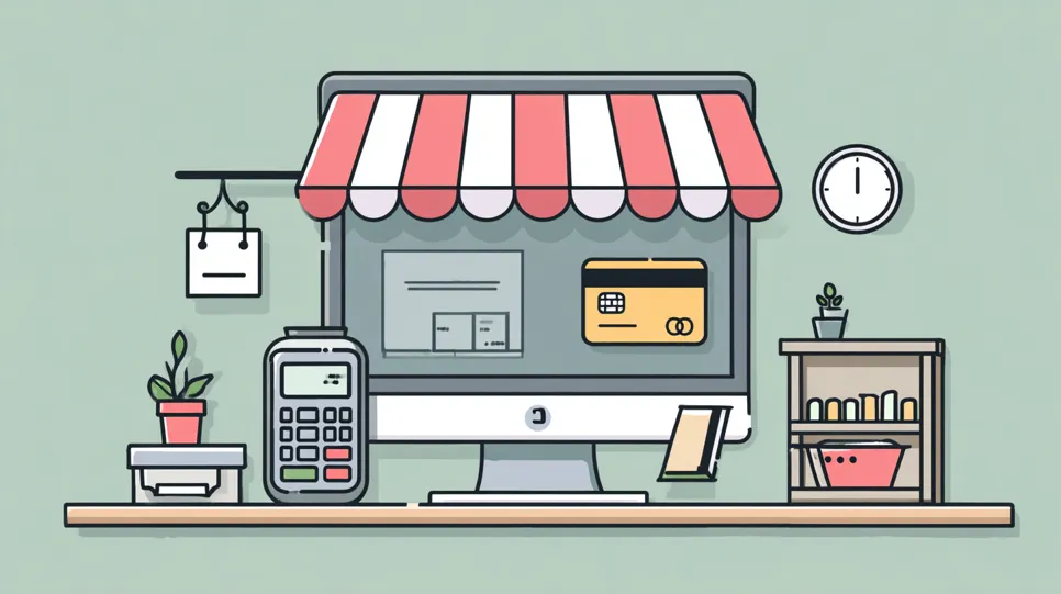 Ilustracija računala s trgovinskim krovom, platnim terminalom i karticom, koja prikazuje internetsku trgovinu i različite metode plaćanja u e-commerce okruženju.