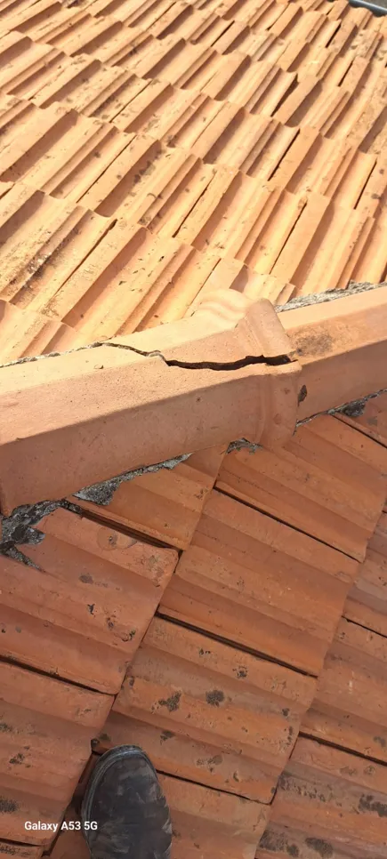 Cracked terracotta roof tile indicating potential roof leakage risk.