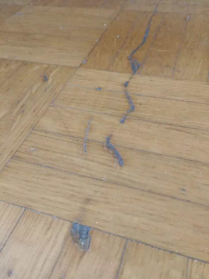 Kratak pregled ogrebanog drvenog poda koji pokazuje duboke utore i trošenje, što ukazuje na potencijalnu štetu tijekom vremena.