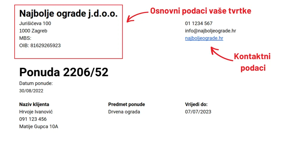 Primjer ponude s unaprijed upisanim podacima o vašoj tvrtki.