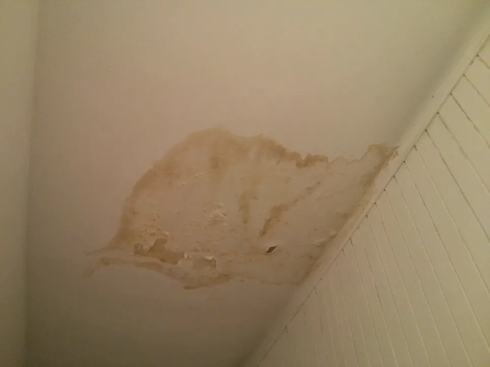 Teška mrlja od vode na bijelom stropu koja ukazuje na mogući curenje iznad.