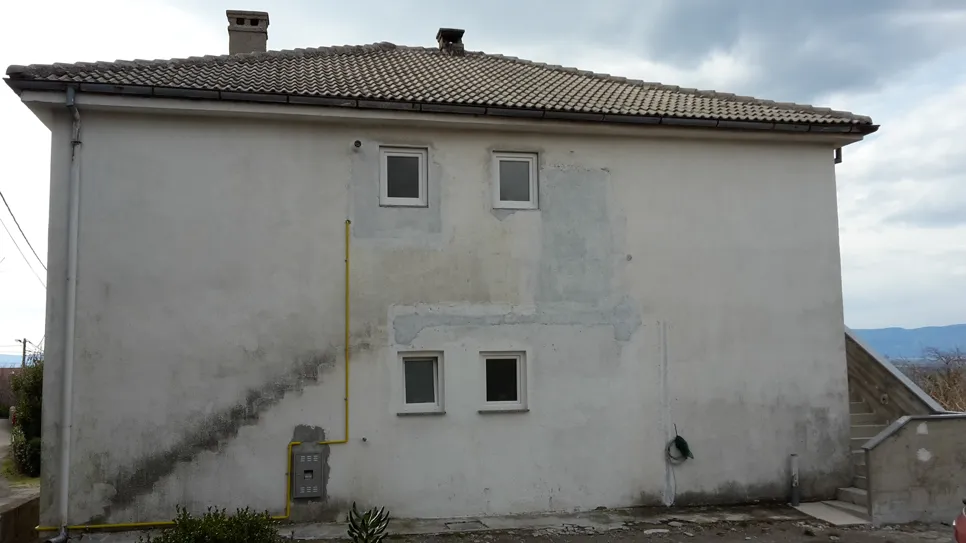 Mold growth visible on the exterior wall of a house beneath two small windows, indicating moisture issues.