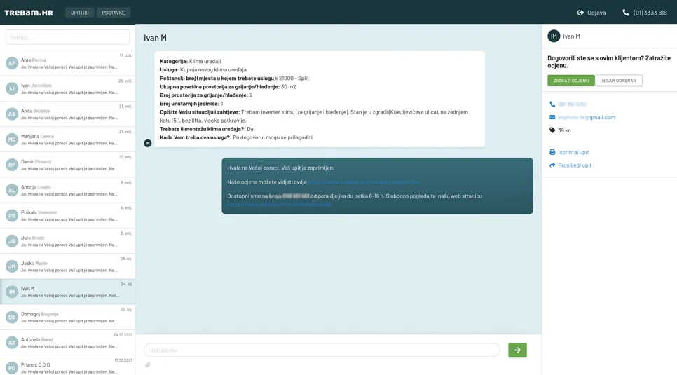 Sučelje s upitima na Trebam.hr