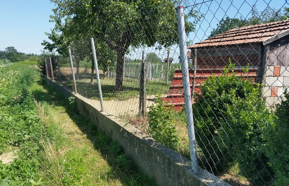 Leaning chain link fence with metal posts along a garden boundary, showing potential need for realignment or support.