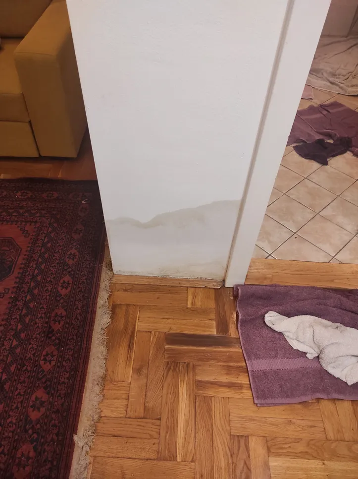 Vidljiva mrlja od vode na unutarnjem zidu blizu podnih dasaka, što ukazuje na mogući curenje ili problem s vlagom.