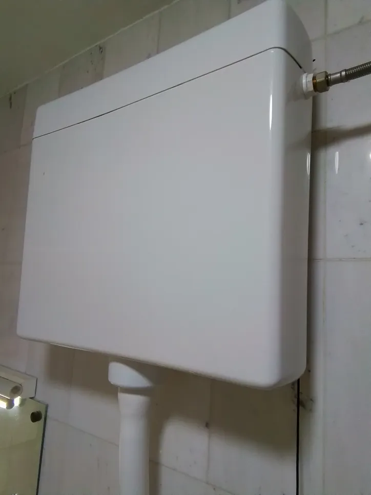 Bijela toaletna cisterna s vidljivim bočnim ulazom za vodu povezanom crijevom, nasuprot zidnoj pločici.