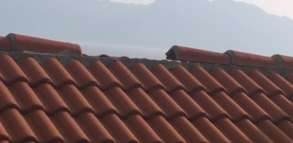 Red clay roof tiles with visible cracks and damage, set against a mountainous background.