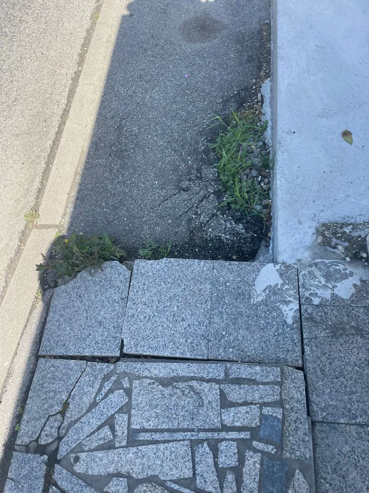 Cracked pavement with weeds on an uneven sidewalk, posing a potential tripping hazard in an urban area.