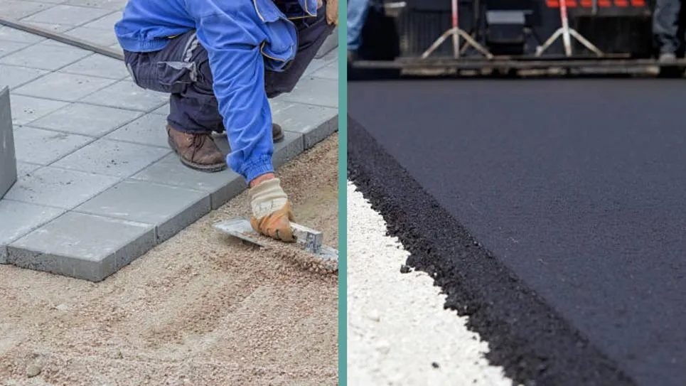 Lijevo majstor popločava dvorište, desno polaganje asfalta.