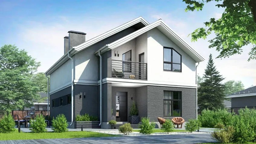 Donji dio fasade velike moderne kuće obojen je sivom a gornji bijelom bojom.