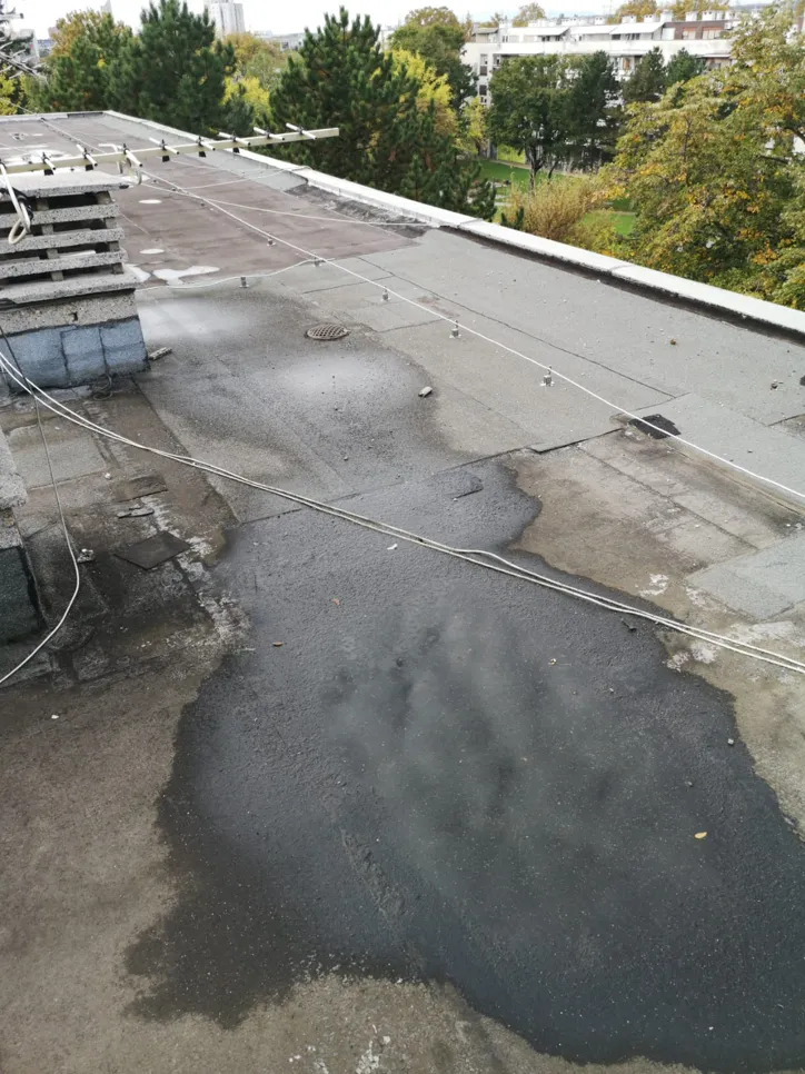 Water accumulation on a flat rooftop indicating drainage problems or potential leaks.