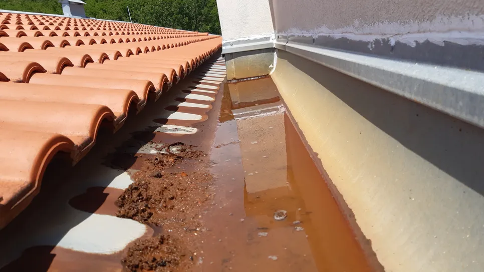 Stajaća voda u začepljenoj olučnoj cijevi pored terakota pločica, što ukazuje na probleme s odvodnjom.