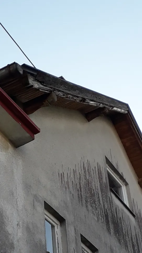 Visible mold stains on an exterior house wall under the roof, indicating moisture issues and possible water damage.
