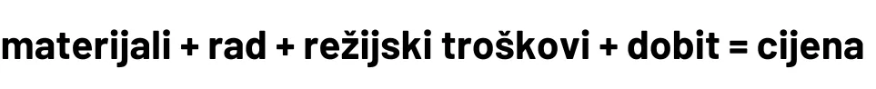 Jednadžba za određivanje cijena na temelju troškova: materijali + rad + režijski troškovi + dobit = cijena