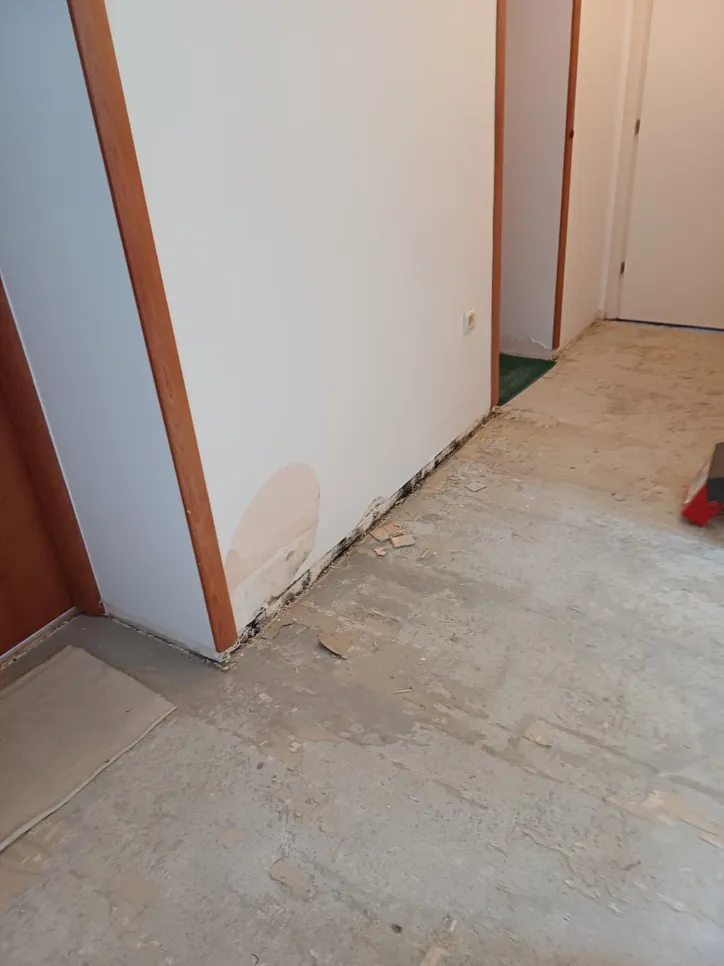 Vidljivo oštećenje vodom na zidu i podu blizu bijelog hodnika, što ukazuje na moguće probleme s curenjem.