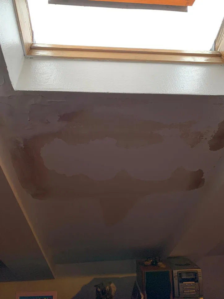 Strop ispod krovnog prozora pokazuje mrlje od vode i promjenu boje koja ukazuje na moguće curenje.