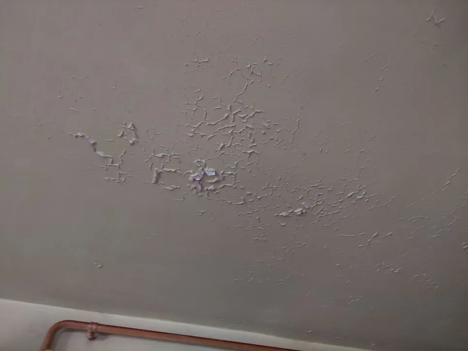 Boja sa stropa se ljušti, vjerojatno zbog prodiranja vlage, pokazujući pukotine i promjene u teksturi.