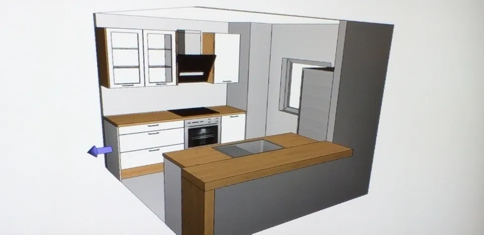 3D dizajn kuhinje s otokom, modernim namještajem i ugradbenim aparatima za učinkovito korištenje prostora.