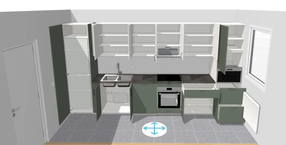 Moderna kuhinja s elegantnim zelenim ormarićima, otvorenim policama, ugradbenom pećnicom i sivoj pločici.