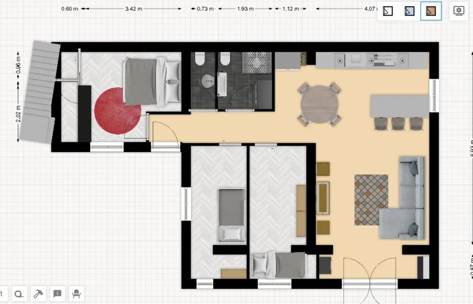 2 bedroom floor plan showing layout with kitchen, living area, and two bedrooms.