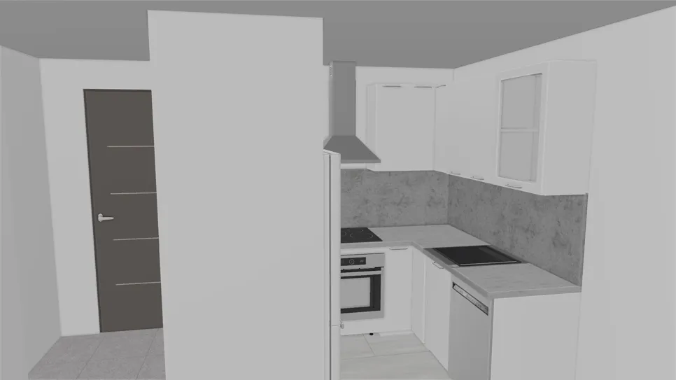 Kompaktni moderni raspored kuhinje s ugradbenim aparatima i minimalističkim dizajnom, sivi i bijeli tonovi.