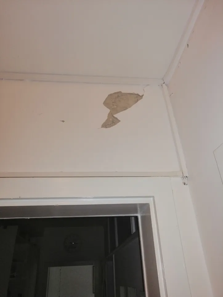 Ljuštenje boje na unutarnjem stropu iznad vrata, što ukazuje na moguće probleme s vlagom ili strukturne probleme.