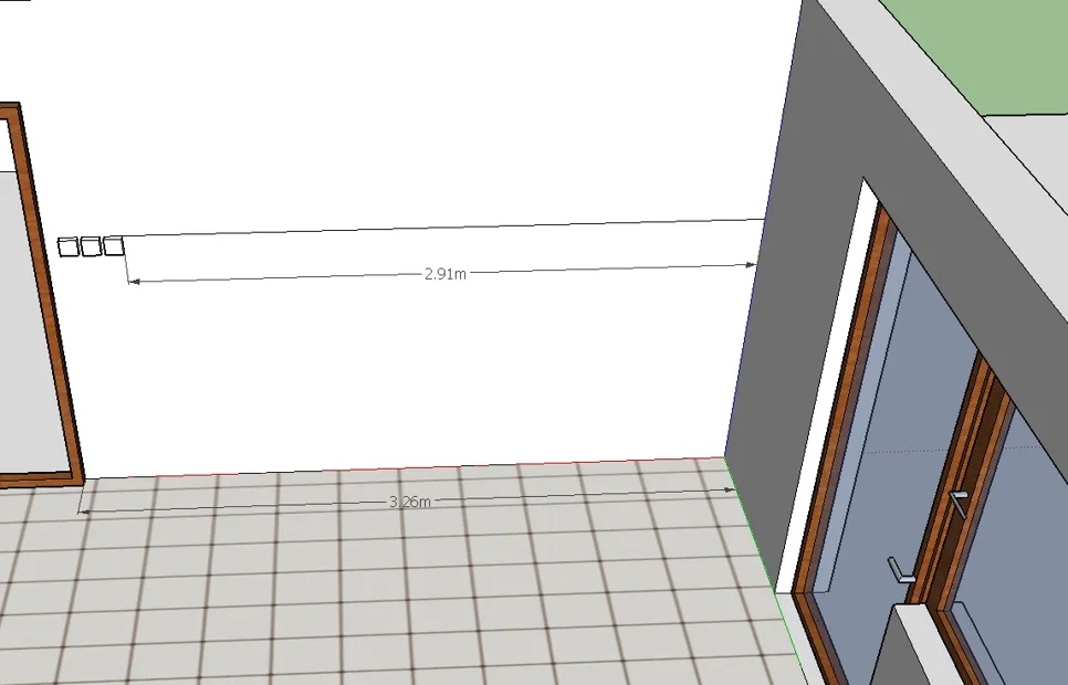 3D floor plan sketch showing wall measurements and tile flooring layout, highlighting dimensions of 2.91m and 3.26m.