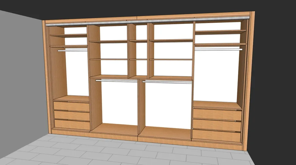 3D model prilagođenog ormara s policama, ladicama i prostorom za vješanje za učinkovitu organizaciju.