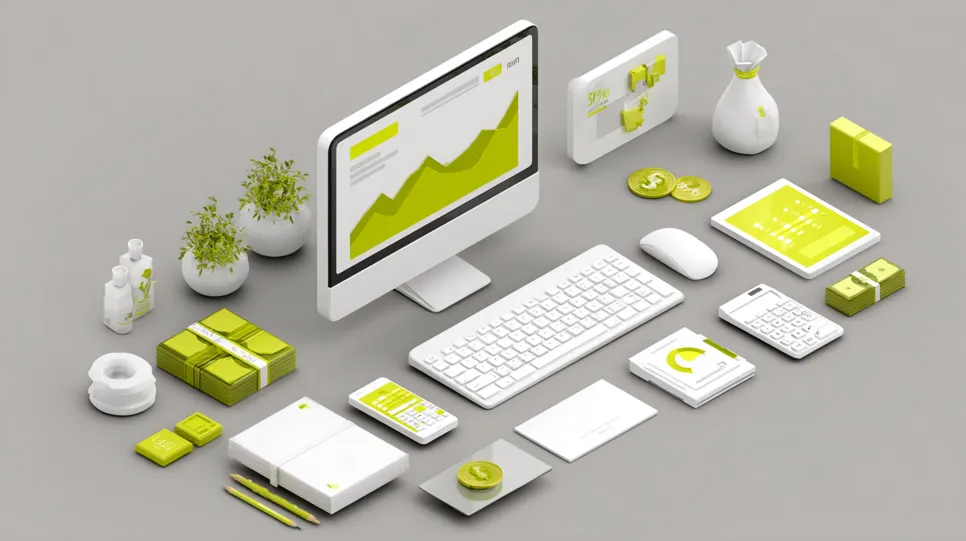 Izometrijska ilustracija koja raščlanjuje trošak posjedovanja web stranice, prikazujući središnje računalo s grafikonom rasta okruženo financijskim i tehnološkim predmetima. Elementi uključuju hrpe gotovine, kovanice, kalkulator, vreću s novcem, tipkovnicu i tablet, sve u kombinaciji limeta zelene i bijele boje, predstavljajući različita financijska ulaganja potrebna za online prisutnost.