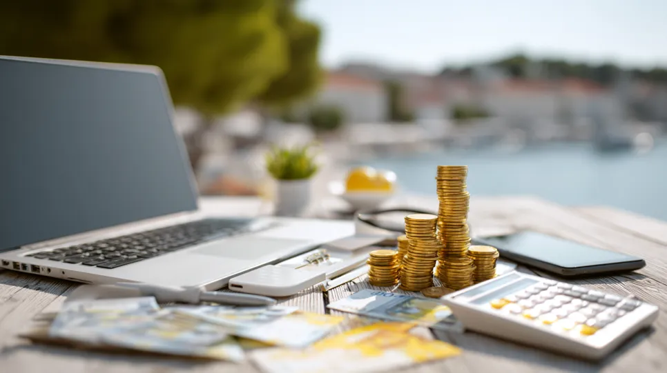 Prikaz koji se odnosi na trošak posjedovanja web stranice, s prijenosnim računalom, kalkulatorom i novcem na stolu s pogledom na slikovitu luku. Rastući stupci kovanica predstavljaju povrat ulaganja, dok idilična pozadina označava financijsku slobodu i stil života rada na daljinu koji uspješna web stranica može omogućiti.