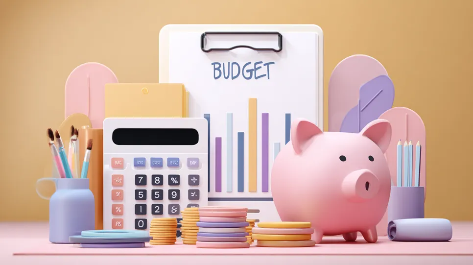 3D ilustracija koja prikazuje važnost budžetiranja za web stranicu. Prikazani su kasica prasica, kalkulator i blok s grafikonima, simbolizirajući financijsko planiranje kao ključan dio troškova izrade i održavanja web stranice.