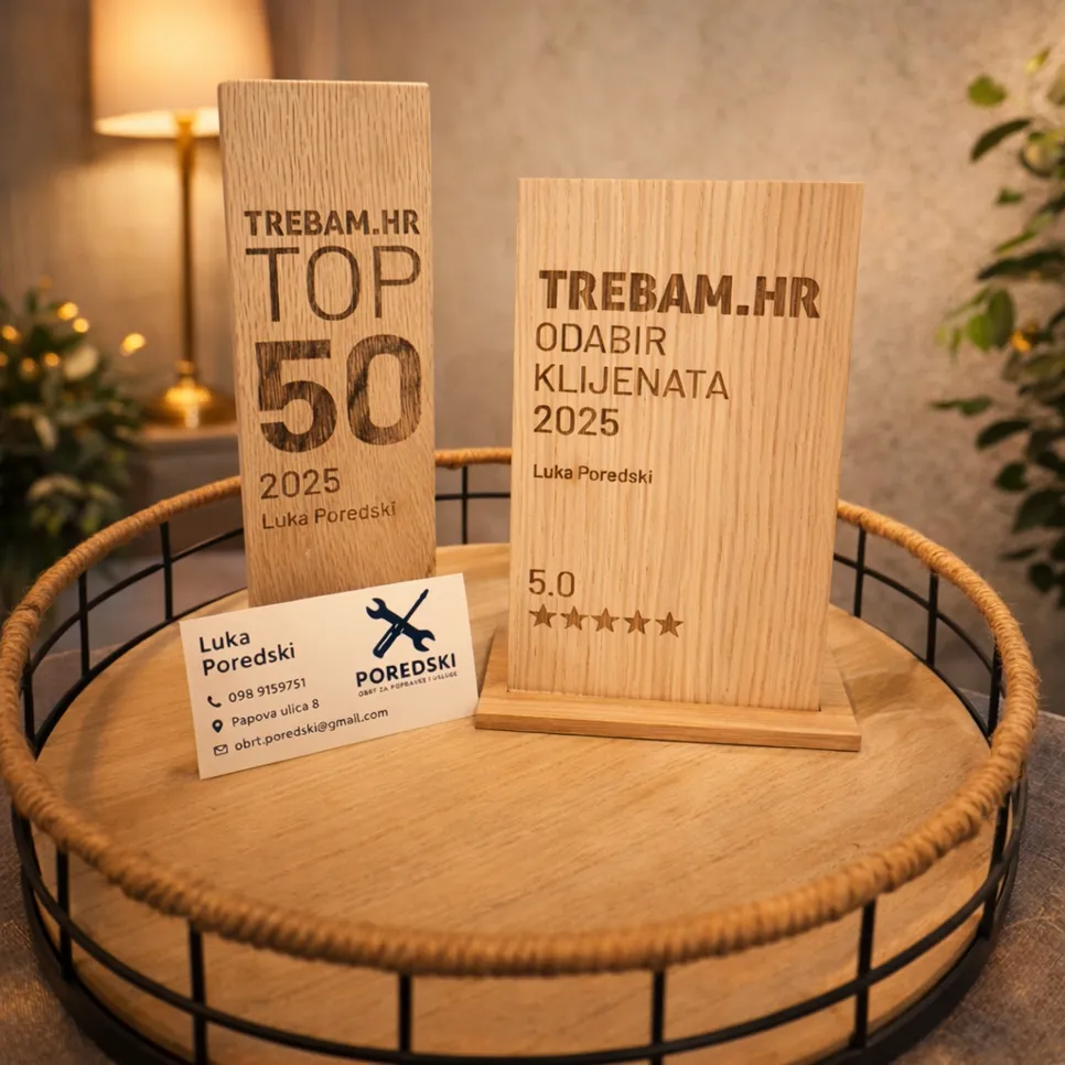 Drvene plakete TOP 50 i Odabir klijenata 2025. za Luku Poredskog, čime se obrt Poredski svrstava u 50 najkvalitetnijih izvođača.